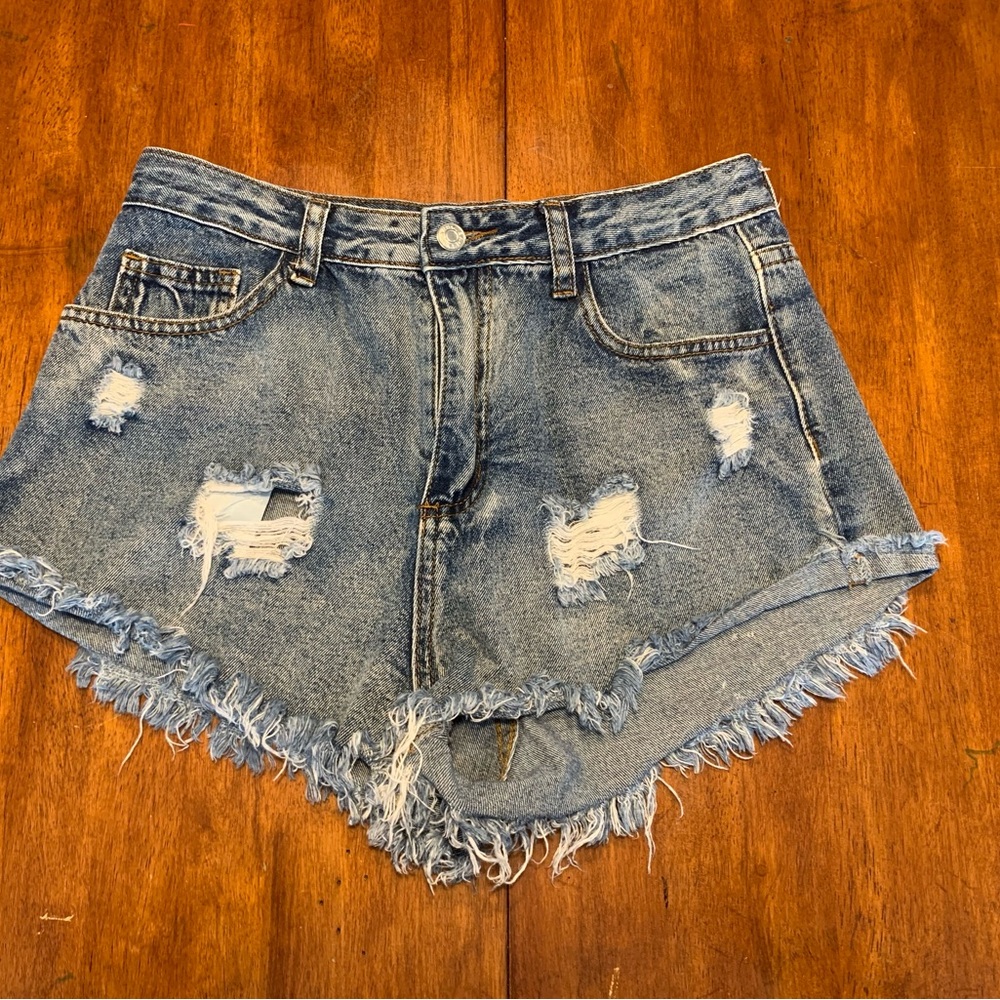 High-Rise Distressed Denim Shorts - Blue